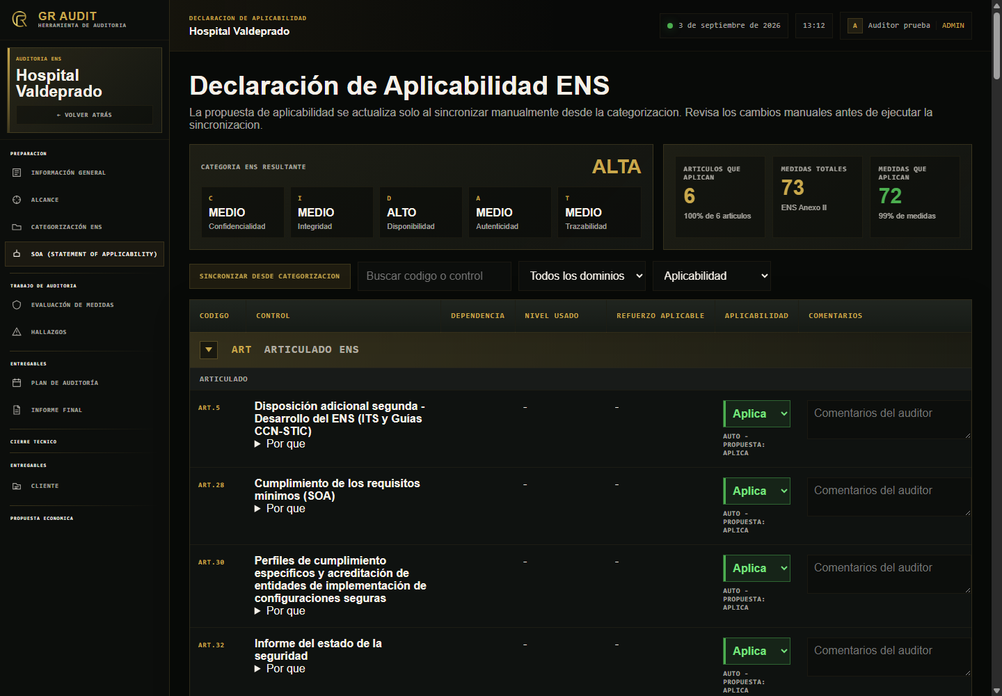 Declaración de aplicabilidad ENS en GR Audit