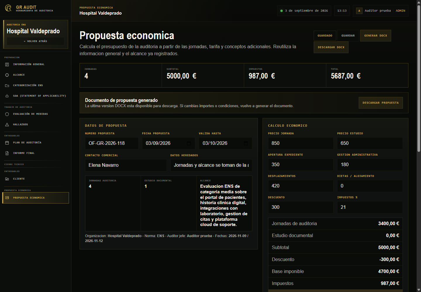 Propuesta económica generada desde GR Audit